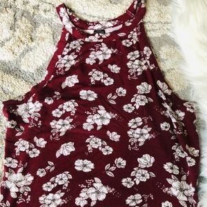 Red topical flower crew tank